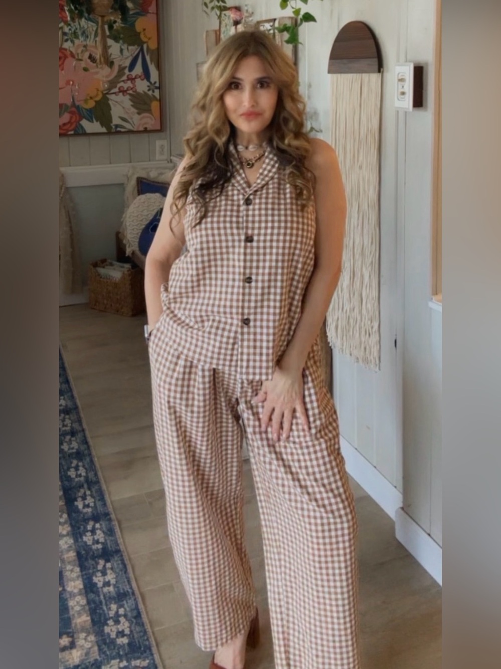 NWT 100% Cotton Gingham 2 Piece Set| Brown| Wide Leg| Small| Lightweight| Classy